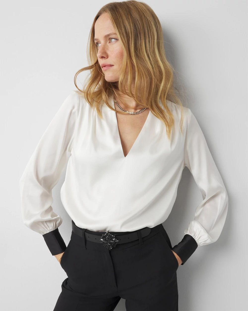 Contrasting Cuff Satin Blouse | White House Black Market